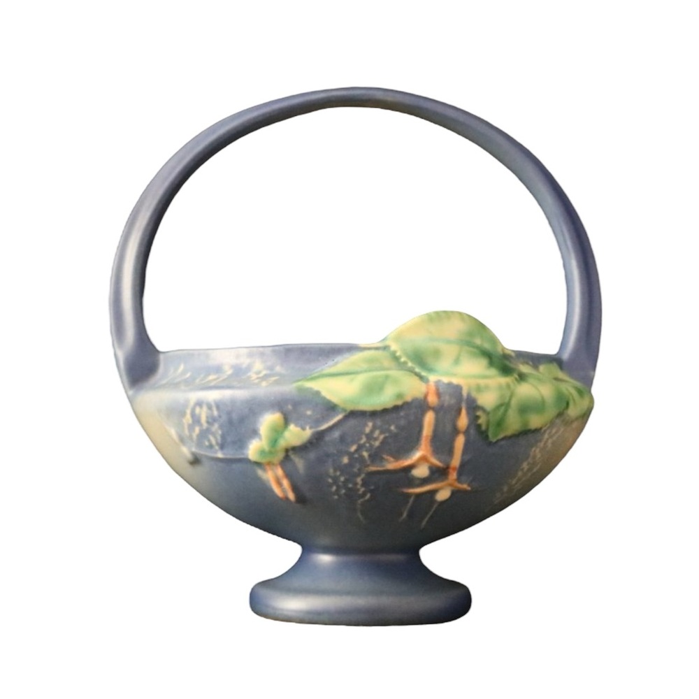 Roseville Pottery Basket Blue Fuchsia 350-8 with attached Frog